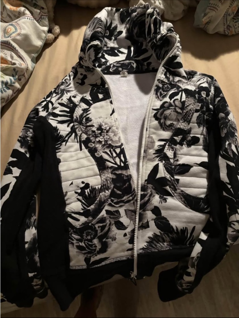 lululemon athletica Black & White Floral Quilted Hooded Bomber